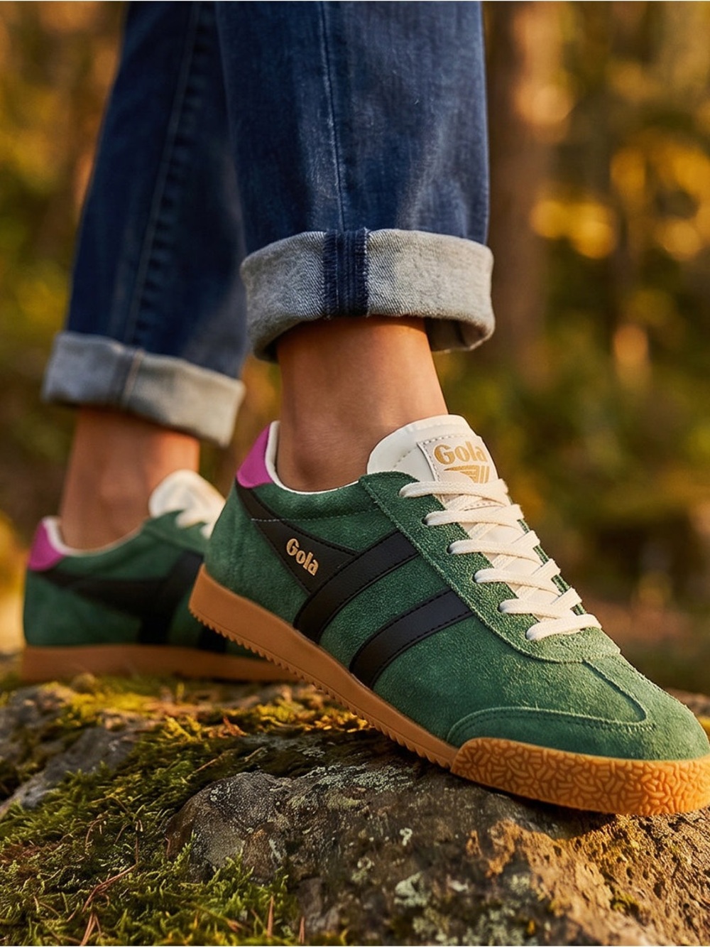 Gola Women's Elan Trainer Green Suede Sneakers with Black Stripes and Gum Sole